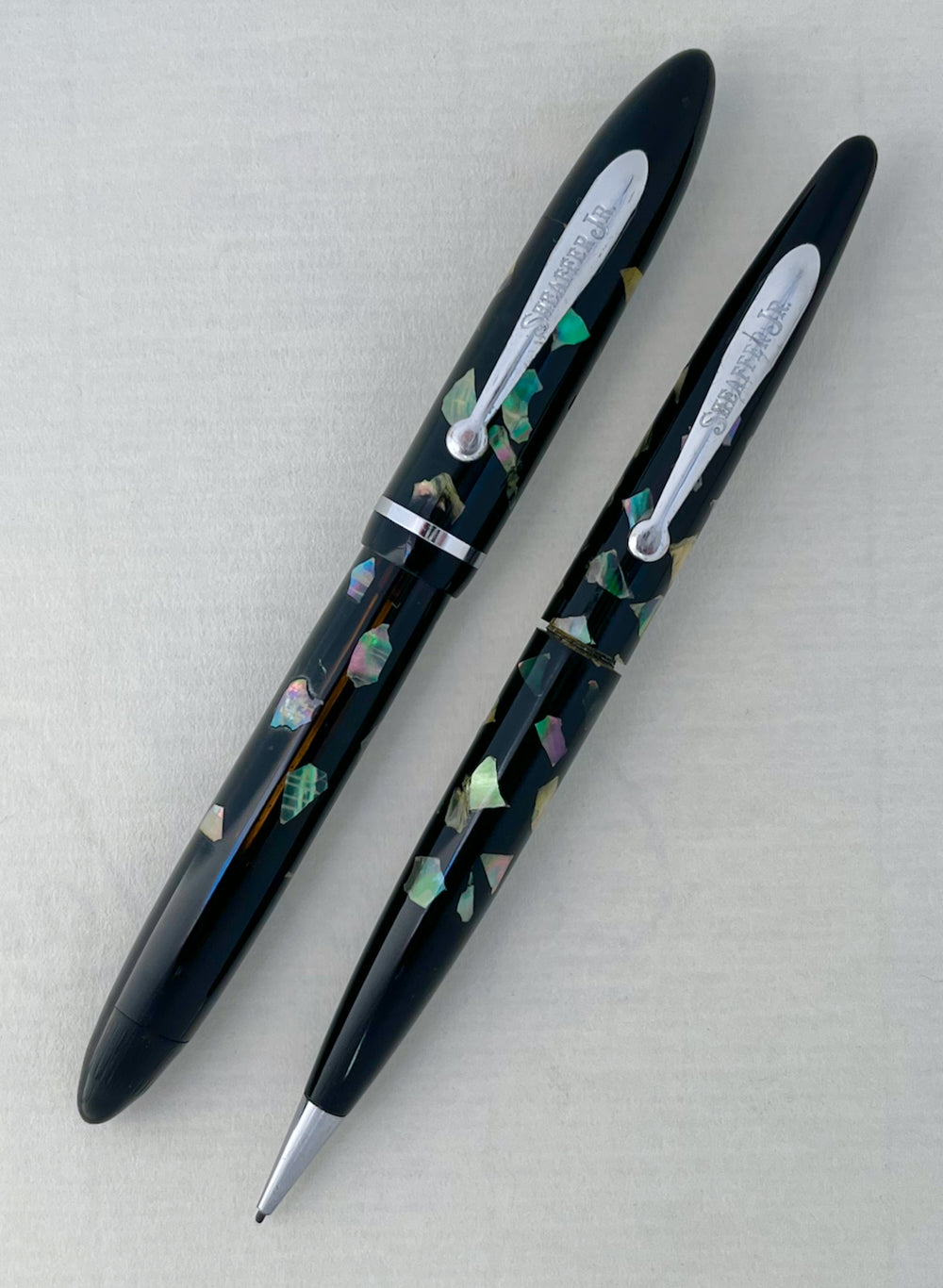 1930s Sheaffer Balance Junior Vacuum Filler Fountain Pen Mechanical Pencil Set - EBONIZED PEARL