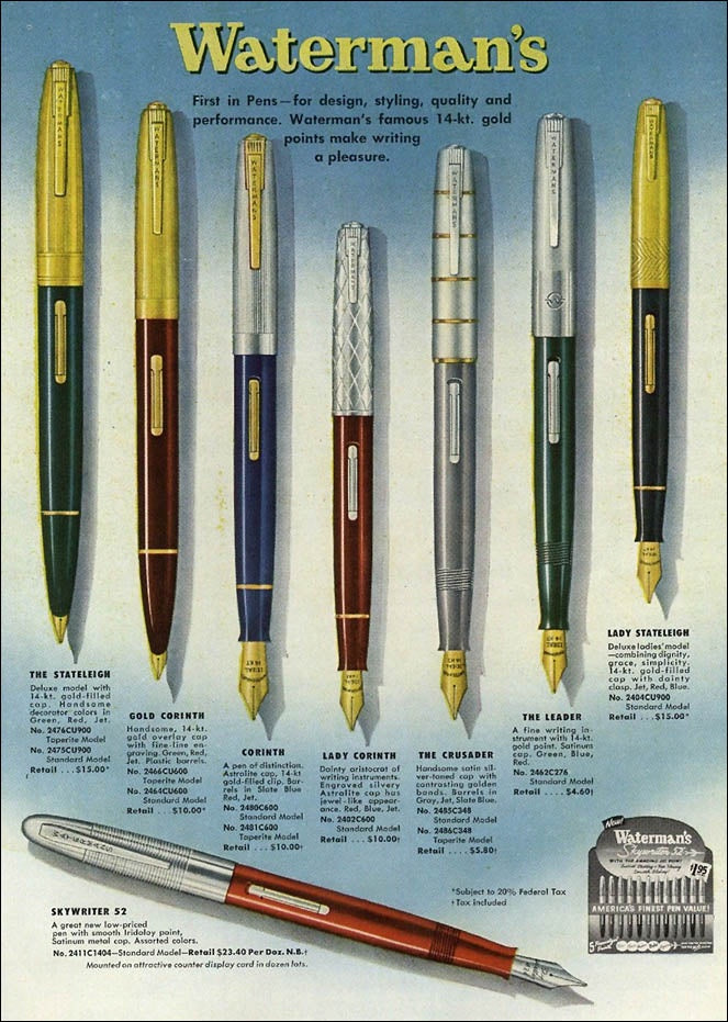 c.1948 NOS Stickered Waterman Taperite Conquest 517V Fountain Pen - SEMIFLEX