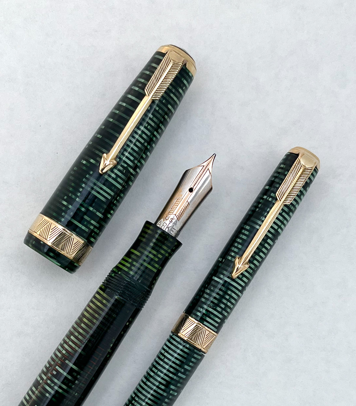 Parker Vacumatic, Maxima, Senior Maxima, Emerald Pearl, green, fountain pen, vintage, flex, superflex, wet noodle, 14k, gold, restored