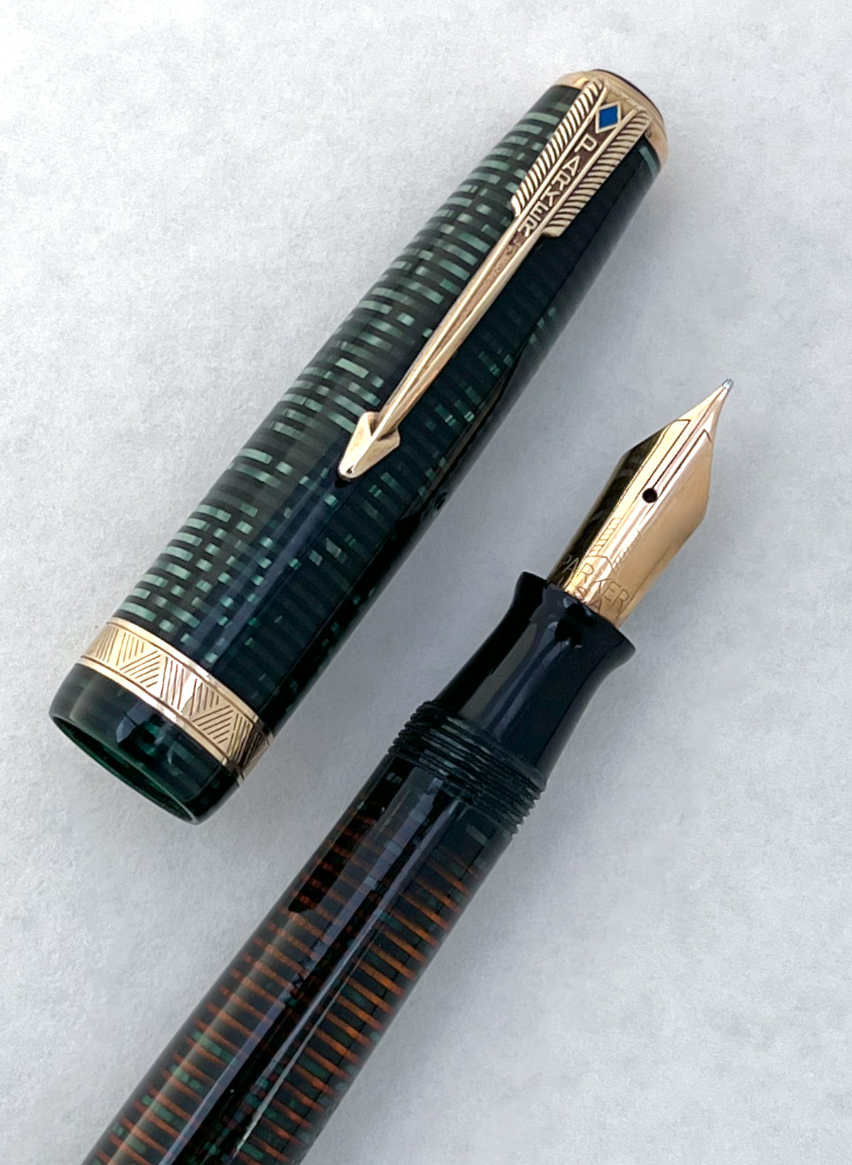 Vacumatic, Major, Parker, fountain pen, emerald pearl, vintage, green, restored, flex, superflex, wet noodle, 14k, gold