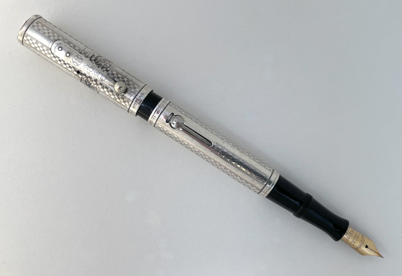 c.1915 Waterman Oversized 415 PSF Sterling SIlver Overlay Fountain Pen - Gothic Pattern