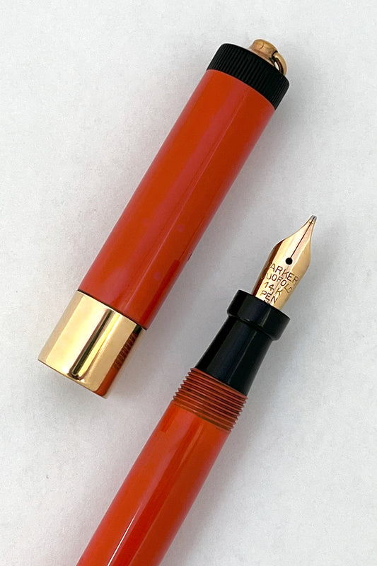 parker, lady duofold, fountain pen, vintage, rhr, red hard rubber, restored, 14k nib, flex, superflex wet noodle