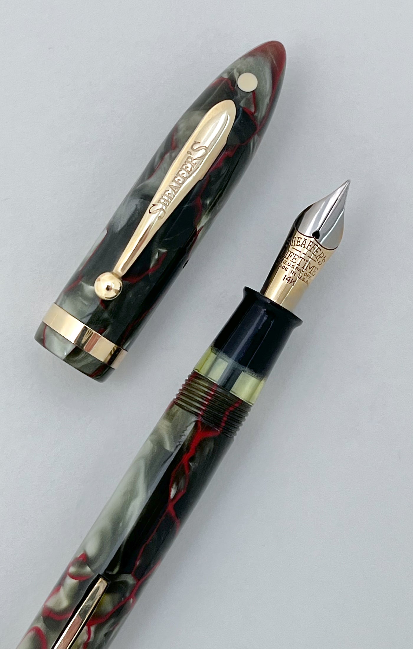 sheaffer, balance, fountain pen, vintage, grey pearl, red veins, flex, superflex, wet noodle, 14k, restored