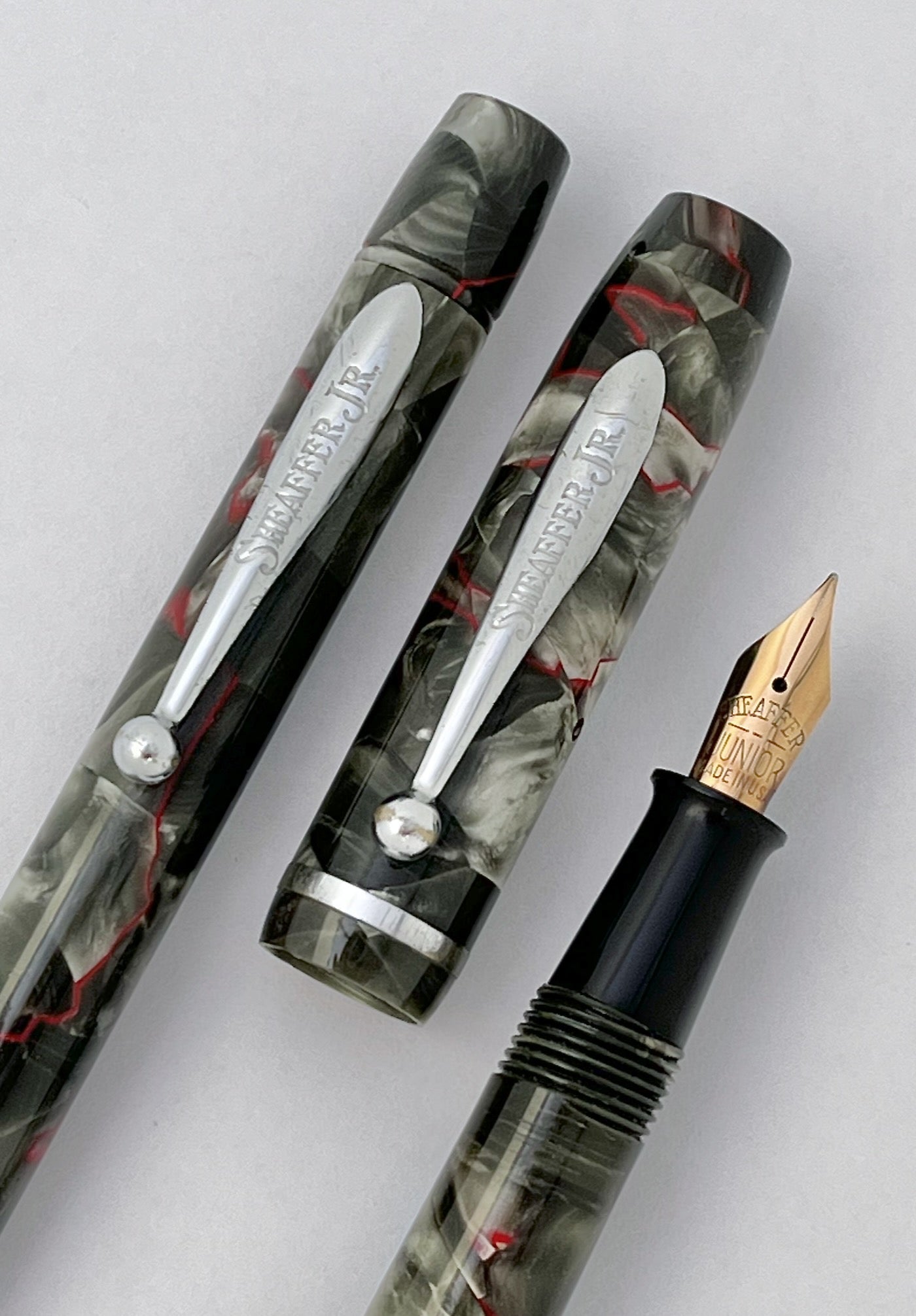sheaffer jr junior fountain pen set grey pearl red veins nickel rhodium trim 14k nib restored