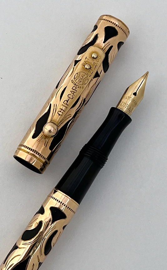 waterman, overlay, trefoil vine, fountain pen, vintage, restored, 14k, gold, flex, superflex, wet noodle, 0512